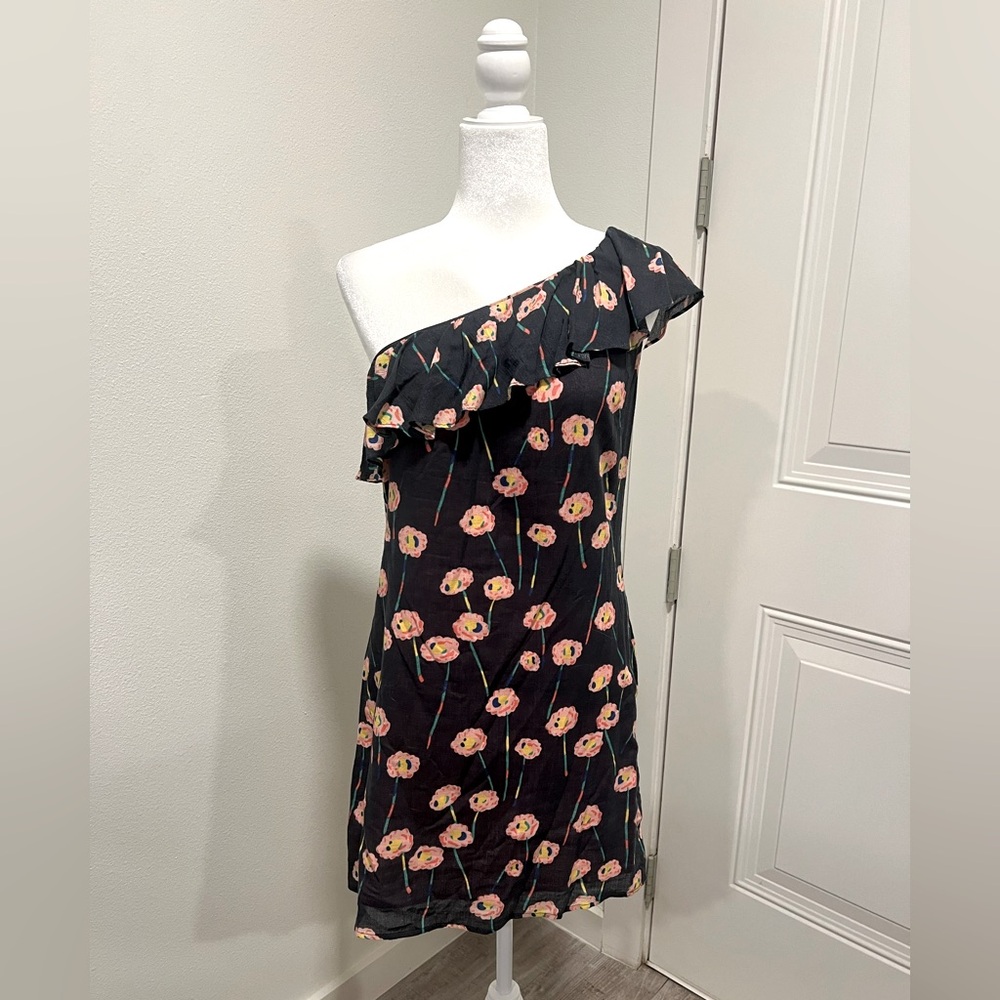 Corey Lynn Calter One-Shoulder Gray Dress with Floral Design
